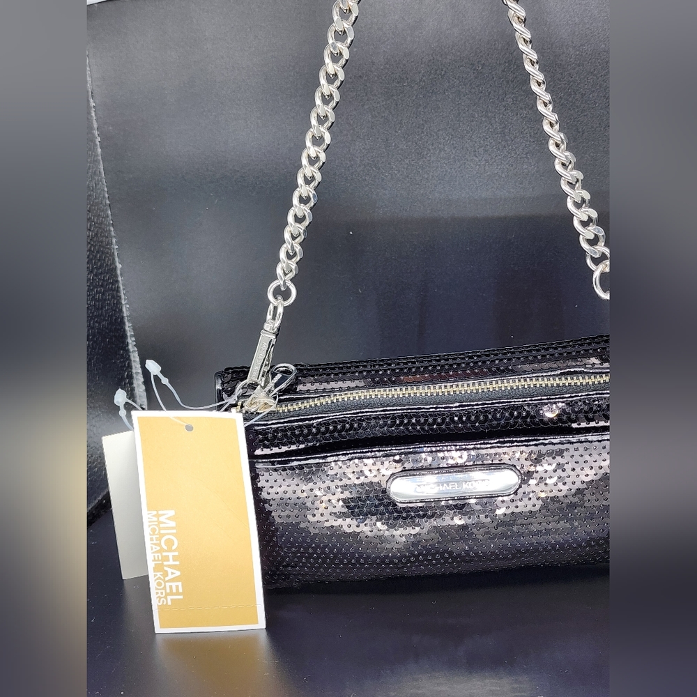 Michael Kors sequin black clutch with silver chain NWT
